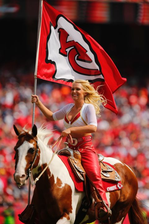 Here Chiefs cheerleader Susie rides Warpaint in between quarters as the Kansas City Chiefs take on the Dallas Cowboys at  the Arrowhead Stadium.