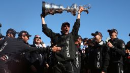 Oracle Team USA skippered by James Spithill celebrates onstage after defending the Cup as they beat Emirates Team New Zealand to defend the America's Cup during the final race on September 25, 2013 in San Francisco, California. (Photo by Justin Sullivan/Getty Images)