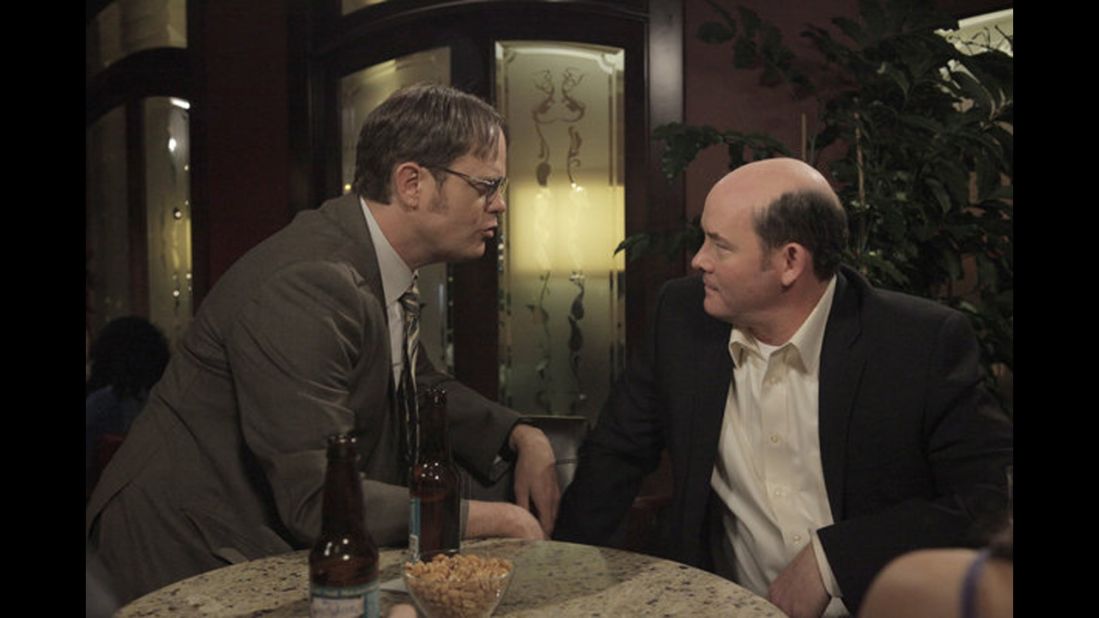 Rainn Wilson, left, as Dwight Schrute and David Koechner as the crude, rude office jokester Todd Packer in "The Office."