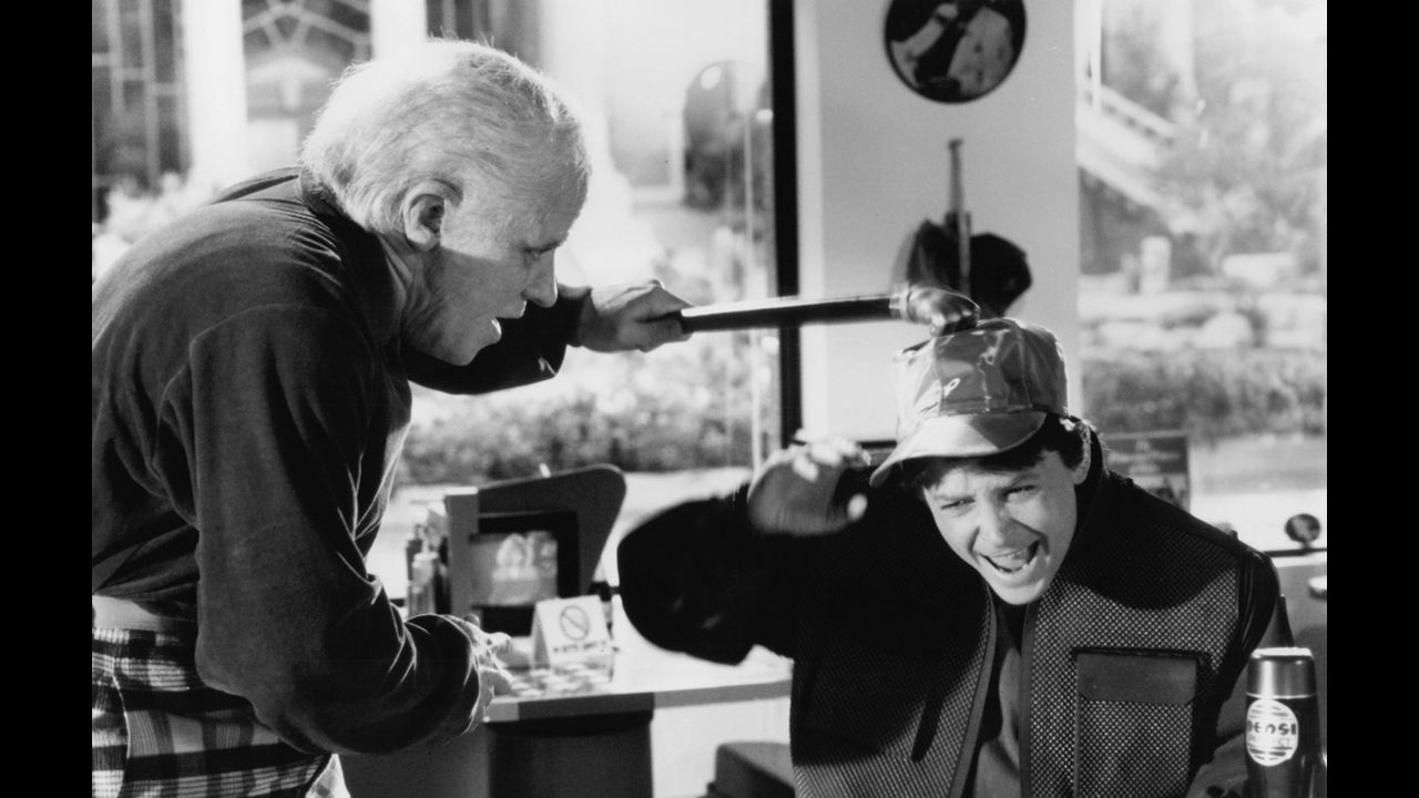 Biff Tannen (Thomas F. Wilson) terrorizes Marty McFly Jr. (Michael J. Fox) in "Back to the Future II."
