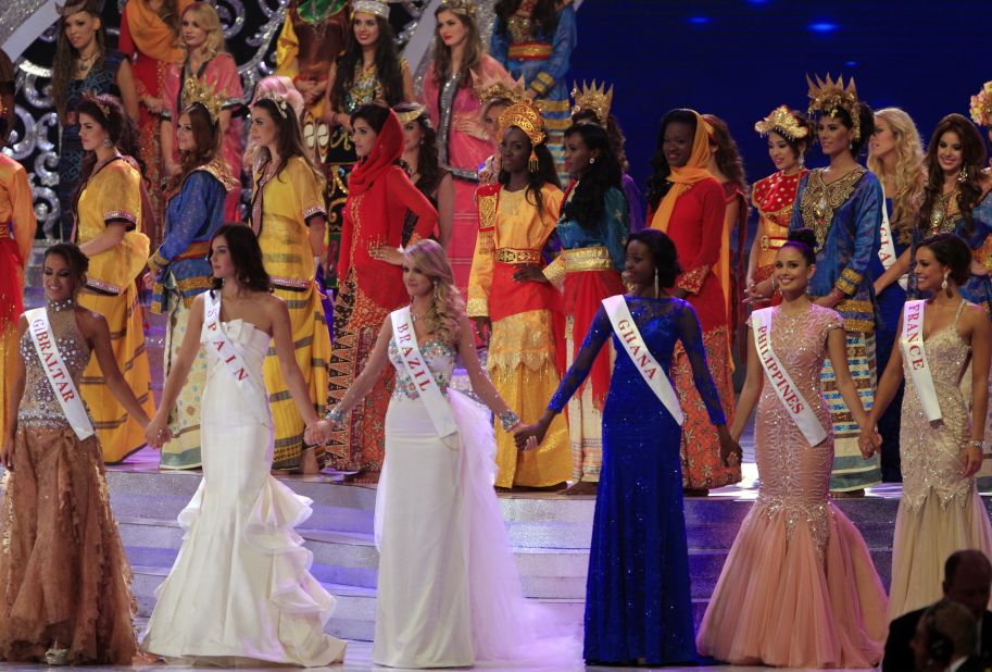 From left to right, Miss Gibraltar, Maroua Kharbouch; Miss Spain, Elena Ibarbian Jimenez; Miss Brazil, Sancler Frantz Konzen; Miss Ghana, Carranza Naa Okailey Shooter; Miss Philippines, Megan Young; and Miss France, Marine Lorphelin, were the final five contestants of the Miss World 2013 pageant. The 127 contestants competed in beach fashion, fitness, world fashion, talent and "Beauty with a Purpose" meant to honor charitable work.