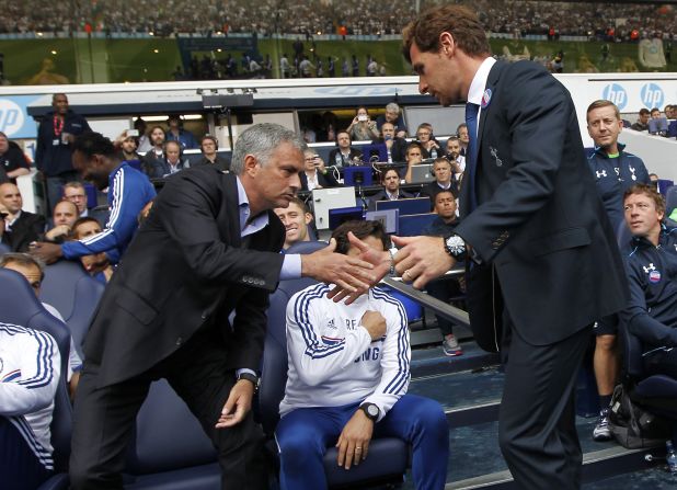 Chelsea manager Jose Mourinho (left) and Spurs boss Andre Villas Boas shake hands at White Hart Lane before kick-off. Villas-Boas was part of Mourinho's coaching set up for seven years before going it alone in 2009. The split strained relations between the two men who are no longer on speaking terms. Saturday's match was the first time the two had met as managers.