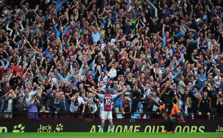 Aston Villa's Andreas Weimann laps up the cheers of home supporters at Villa Park. The Austrian forward scored the winner in a memorable 3-2 victory over Manchester City.