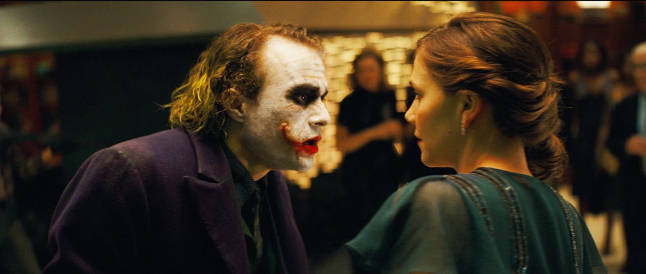Heath Ledger starred as the Joker and Maggie Gyllenhaal as Rachel Dawes in "The Dark Knight." The death of Rachel hit Bruce Wayne/Batman hard.