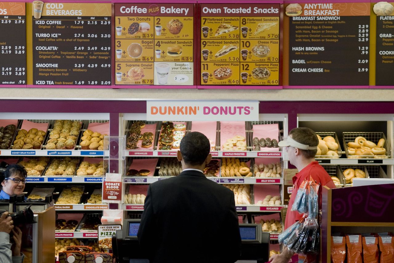 Like he doesn't have enough tough decisions to make each day -- DD, here visited by President Barack Obama in 2008, offers more than 100 flavors of donut, as well as cookies, bagels, sandwiches, baked goods, coffee, tea and chocolate. 