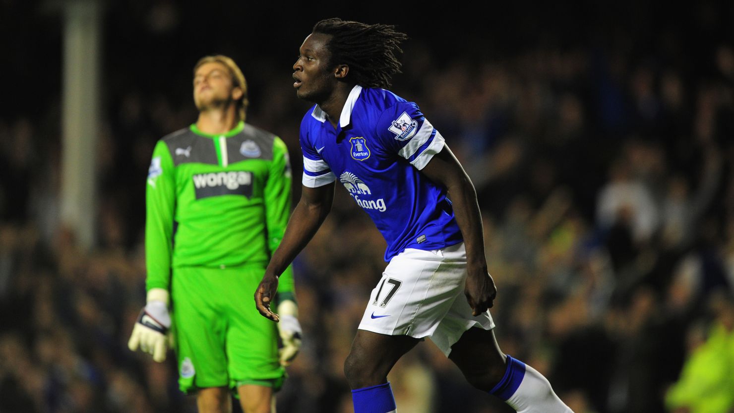 Romelu Lukaku celebrates as Newcastle keeper Tim Krul reacts after the striker pounces for a second goal for Everton