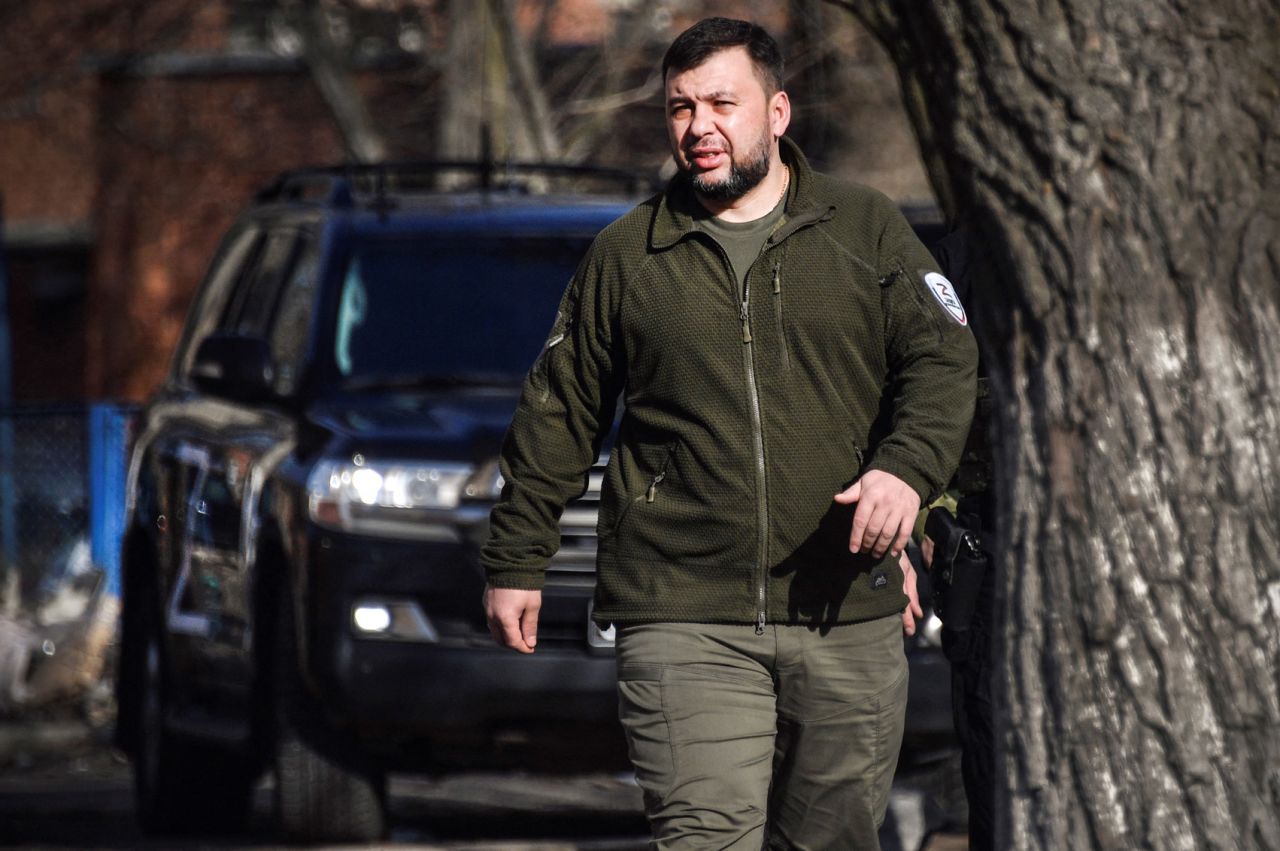 Denis Pushilin arrives to deliver a press conference in Donetsk, on April 11.