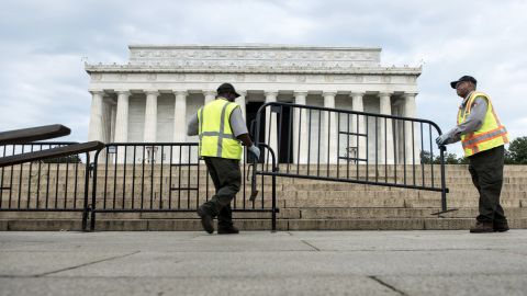 Members of the U.S. National Park Service close the Lincoln Memorial on the National Mall in Washington on October 1.