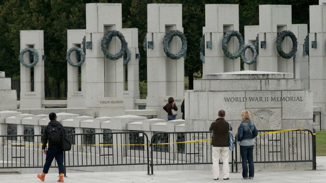Fencing around the World War II Memorial prevents people from entering the monument on the National Mall in Washington on October 1.