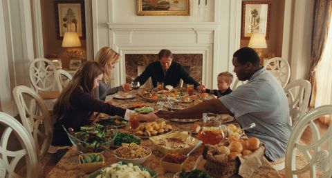 Lily Collins, Bullock, Tim McGraw, Jae Head and Quinton Aaron say grace in a scene from "The Blind Side."