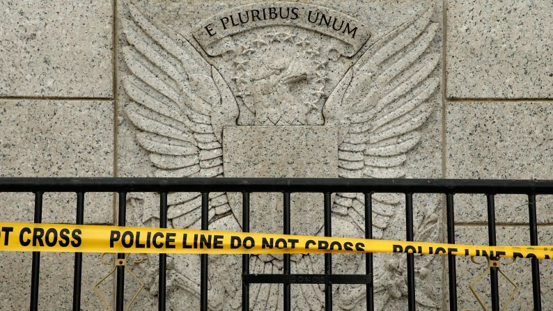 Barricades around the World War II Memorial in Washington prevent people from entering the monument on October 1. The memorial was temporary opened to veteran groups who arrived on Honor Flights on a day trip to visit the nation's capital.
