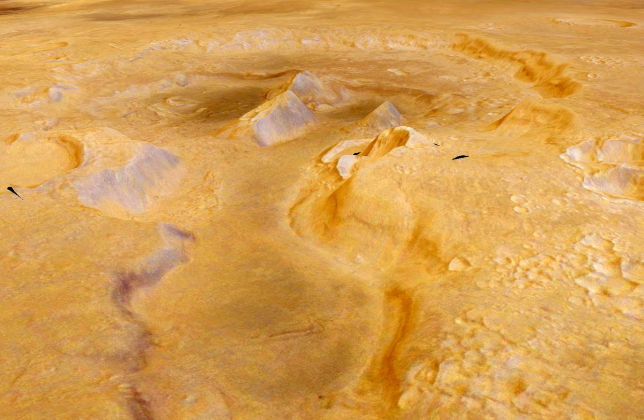 Oxus Patera is another potential ancient supervolcano on Mars. The irregular basins in the crater indicate multiple stages of collapse. The crater is 30 kilometers in diameter. Mountains within the crater are made of fine-grained materials and could represent volcanic ash deposits.