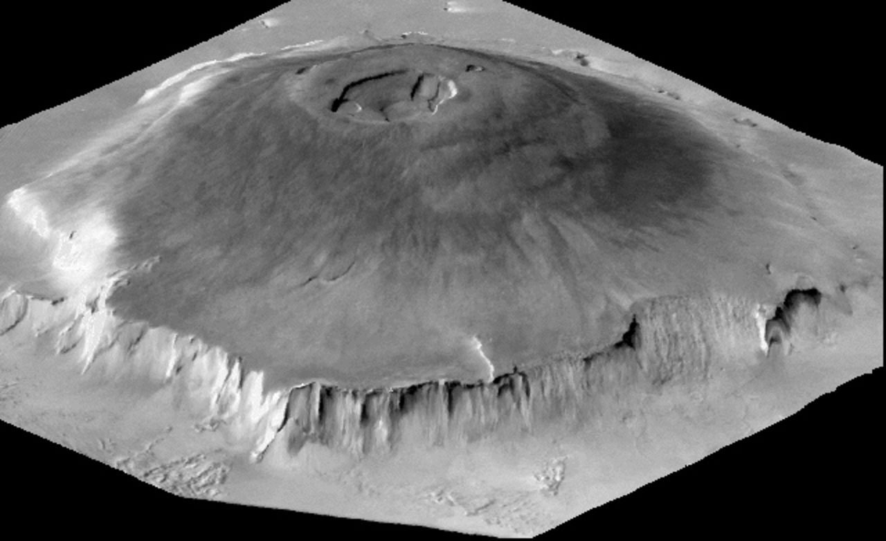 Olympus Mons is a shield volcano on Mars about the size of the state of Arizona, and the largest volcano in the solar system. At its summit is a caldera 50 miles wide. Its volume is about 100 times larger than Hawaii's Mauna Loa. Although Eden Patera and other ancient supervolcanoes on Mars were smaller, they produced much bigger explosions, according to scientists.