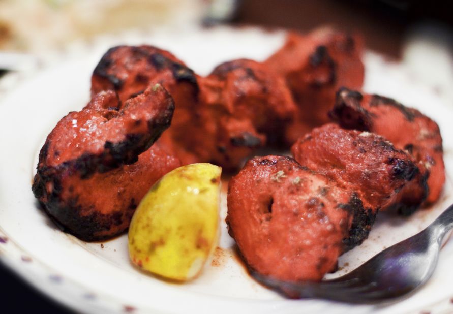 From the Indian tour (Ahmed's own background): Succulent, smoky cubes of Punjabi chicken tikka.