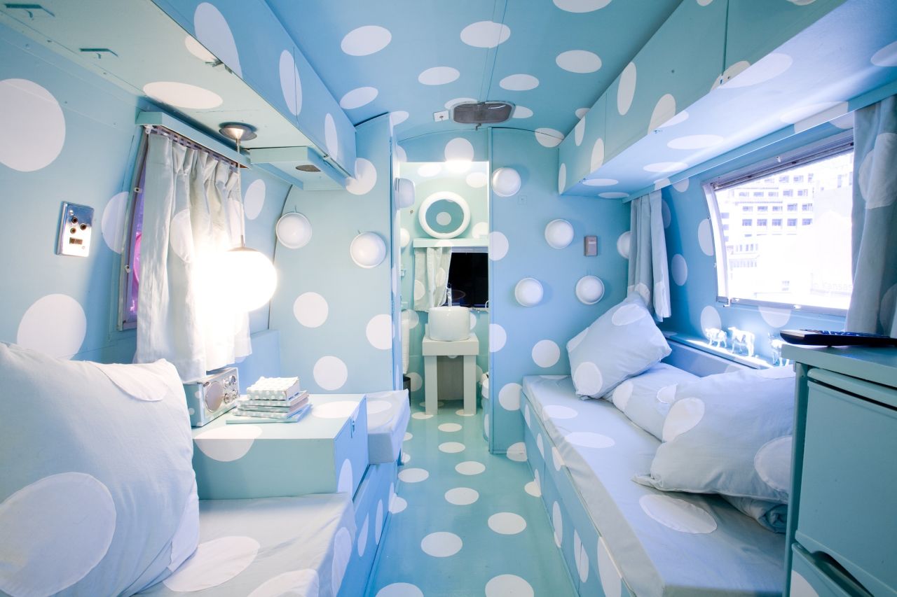 The roof of this Cape Town hotel is home to seven Airstream Trailers. The trailers are all themed and have flourishes such as vintage mailboxes. The Dorothy trailer is covered floor-to-ceiling in polka dots -- some open to reveal tiny storage spaces.