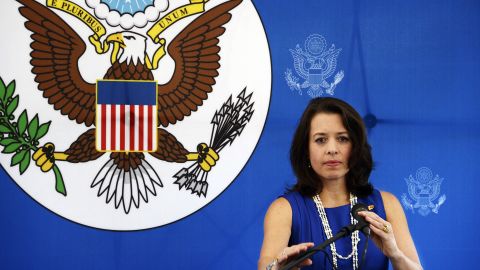 The business manager of the U.S. embassy in Venezuela, Kelly Keiderling, talks during a conference in Caracas on October 1, 2013. 