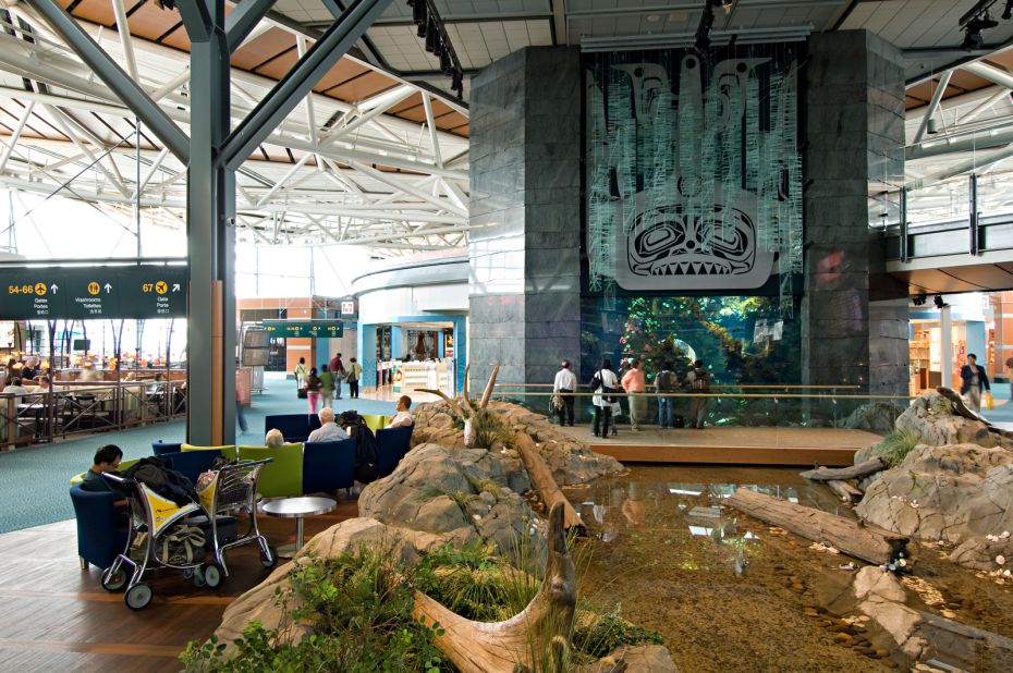 Known for its lovely use of light, the Vancouver airport also features works by native artists and major exhibits by the Vancouver Aquarium.