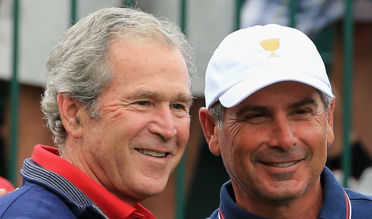 There was a former U.S. president on site -- George W. Bush. He greeted both teams on the opening day Thursday, including U.S. captain Fred Couples, right. Couples celebrated his 54th birthday.
