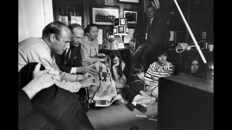 From left: Astronauts Pete Conrad and Buzz Aldrin; James Lovell's mother, Blanch; Barbara Lovell (chin in hand); Neil Armstrong (standing); Jeffrey, Marilyn and Susan Lovell, all watching TV at the Lovell home during the Apollo 13 crisis, April 1970.