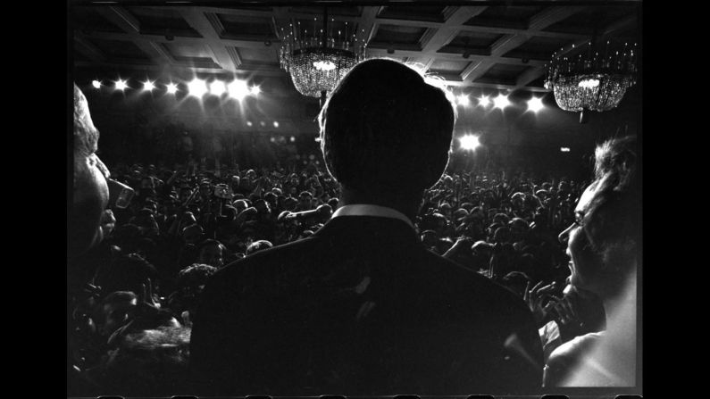 Sen. Robert Kennedy gives a speech at the Ambassador Hotel in Los Angeles before his assassination, June 1968. <a href="index.php?page=&url=http%3A%2F%2Flife.time.com%2Fbill-eppridge%2F" target="_blank" target="_blank">See more of Eppridge's work at LIfe.</a>