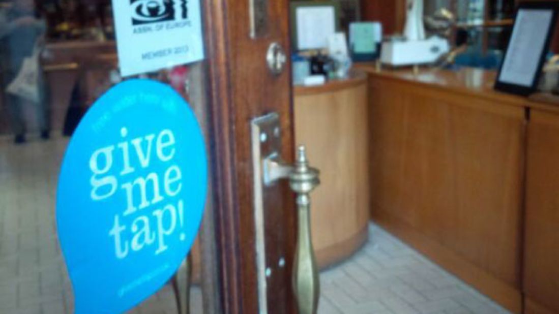 Cafes and restaurants participating in the free water refill scheme can let customers know by sticking GiveMeTap stickers on windows and doors, like <a href="https://twitter.com/Higginscoffee" target="_blank" target="_blank">H.R. Higgins Coffee </a>in London. GiveMeTap has also developed an iPhone app that helps you find your nearest refill point in the UK.