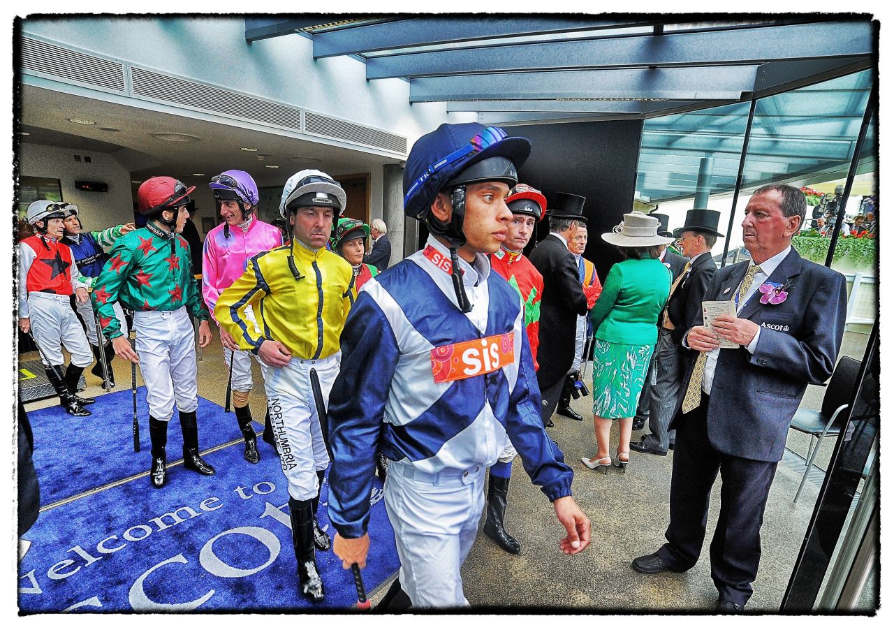 <strong>Royal Ascot, Ascot, Berkshire, UK: </strong>Jockeys leave the weighing room during day two of Royal Ascot. "Before the race, depending on where I am, I'll have a wander around the weighing rooms, among people looking at newspapers ... just little things that you wouldn't possibly have time to do during the races," Crowhurst says. 