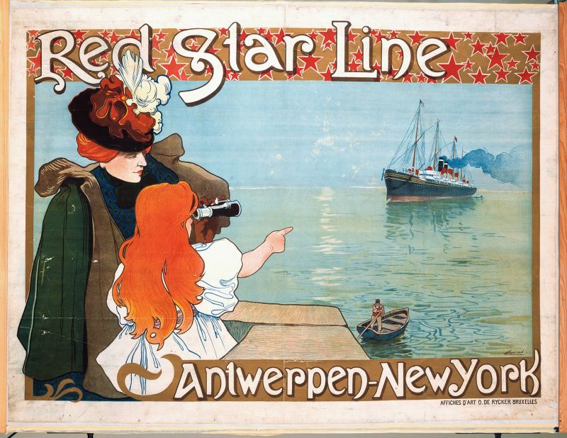 A poster advertises the Red Star Line in 1899. The company enjoyed a golden era of transatlantic ocean travel, and during its heyday two vessels left for North America each week. Over two million passengers sailed between Europe and the New World with the boat company before its closure in 1934, including one Nobel Prize winning scientist......