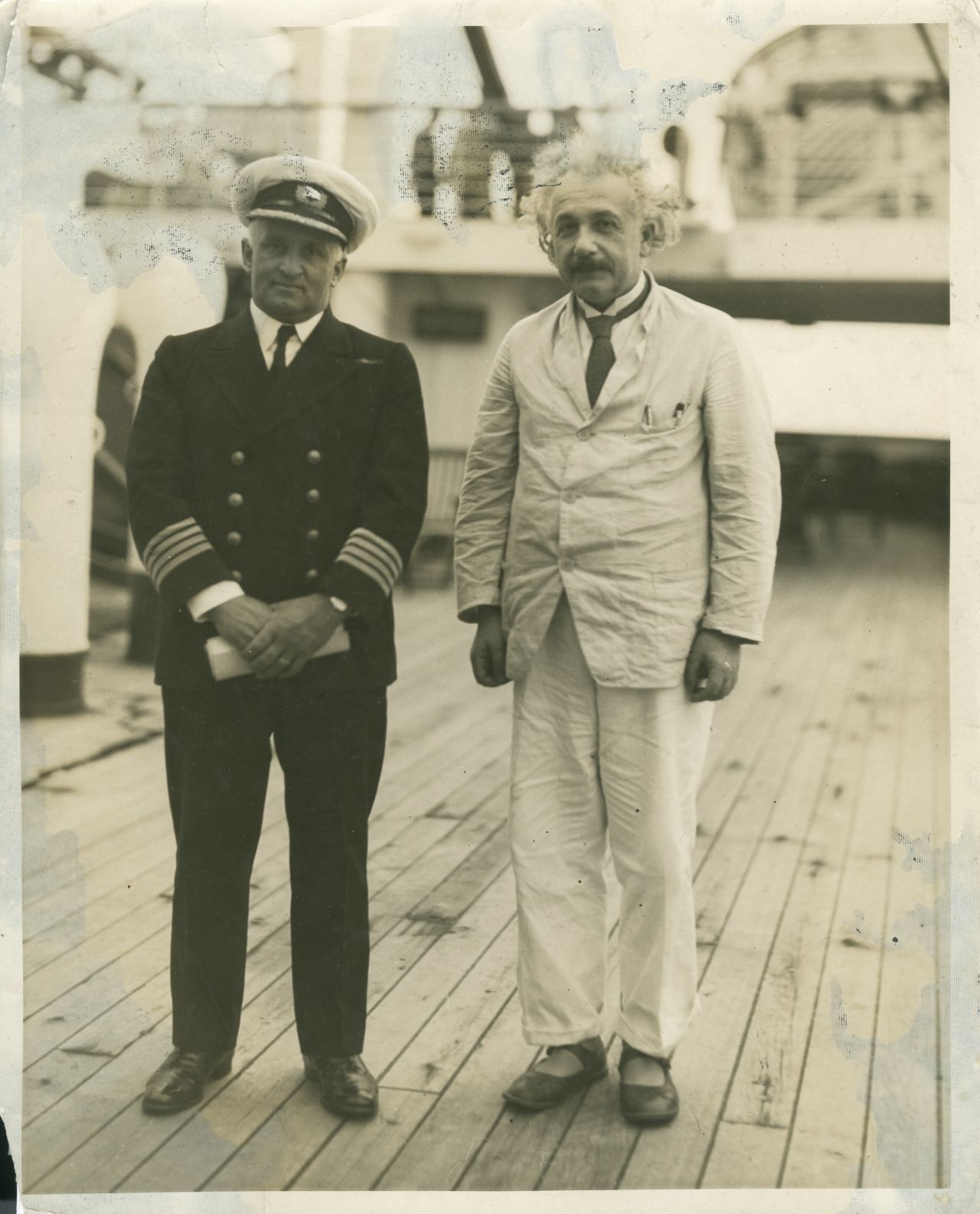 Albert Einstein poses on the deck of the SS Belgenland, 1930. He was one of 2.5 million passengers who sailed between Europe and North America with the Red Star Line shipping company from 1873 to 1934. He resigned from the Prussian Academy of Sciences on the ship's stationary -- the letter now appears in the new $25 million Red Star Line Museum in Belgium.