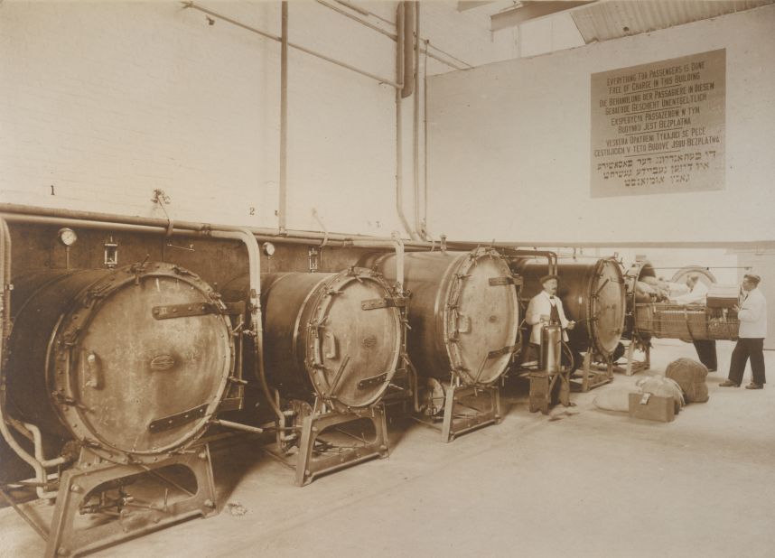 Before boarding, third class passengers would also take hour-long showers with hot vinegar and benzene, cleaning them of lice, while their luggage was disinfected in large steam sterilizing machines (pictured).