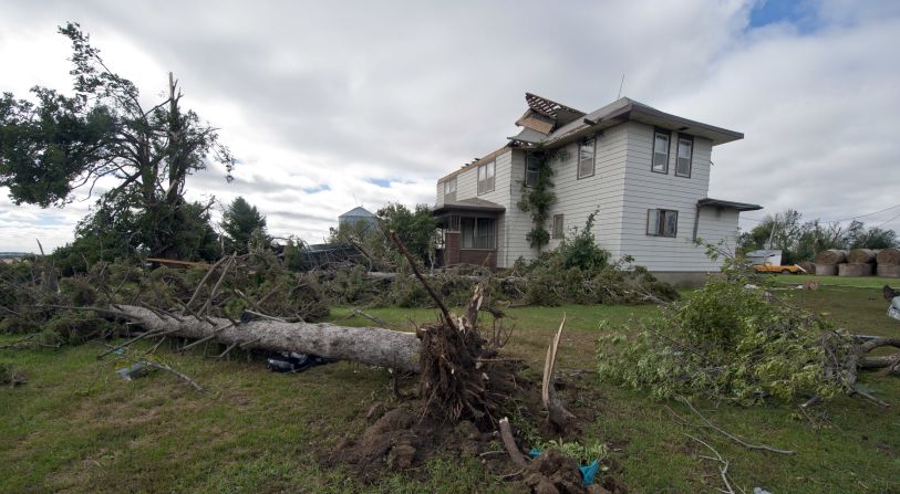 A home near Wayne, Nebraska, shows signs of tornado damage on October 5.