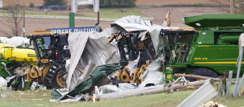 Farm equipment sits damaged on October 5 after a tornado passed through Wayne, Nebraska. 