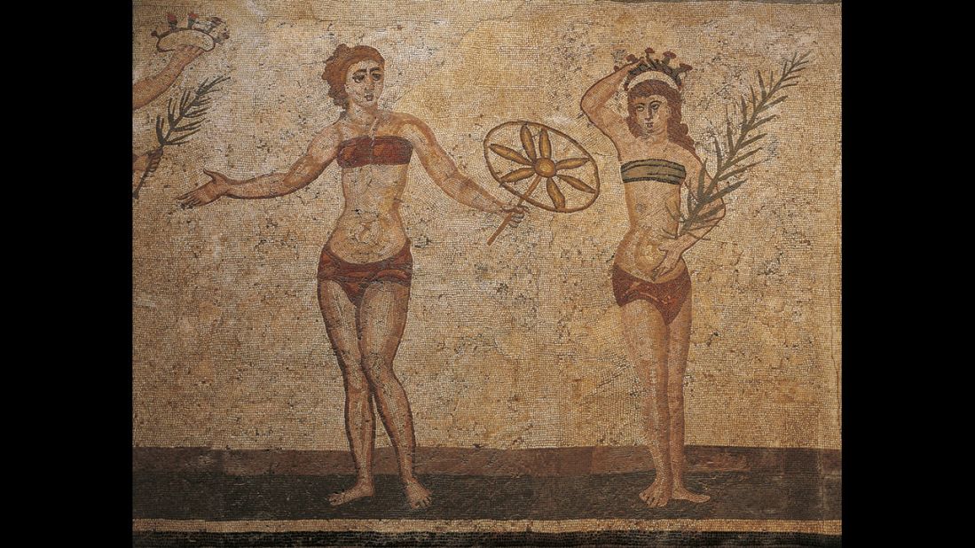 A Sicilian mosaic shows ancient Roman athletes exercising in an early version of the bikini.