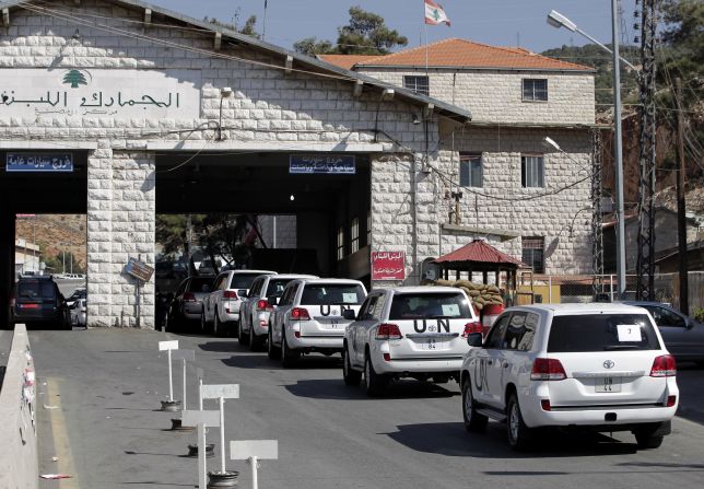 A convoy of inspectors from the <a href="index.php?page=&url=http%3A%2F%2Fwww.opcw.org%2F" target="_blank" target="_blank">Organisation for the Prohibition of Chemical Weapons</a> prepares to cross into Syria at the Lebanese border crossing point of Masnaa on Tuesday, October 1. Inspectors from the Netherlands-based watchdog arrived in Syria to begin their complex mission of finding, dismantling and ultimately destroying Syria's chemical weapons arsenal.