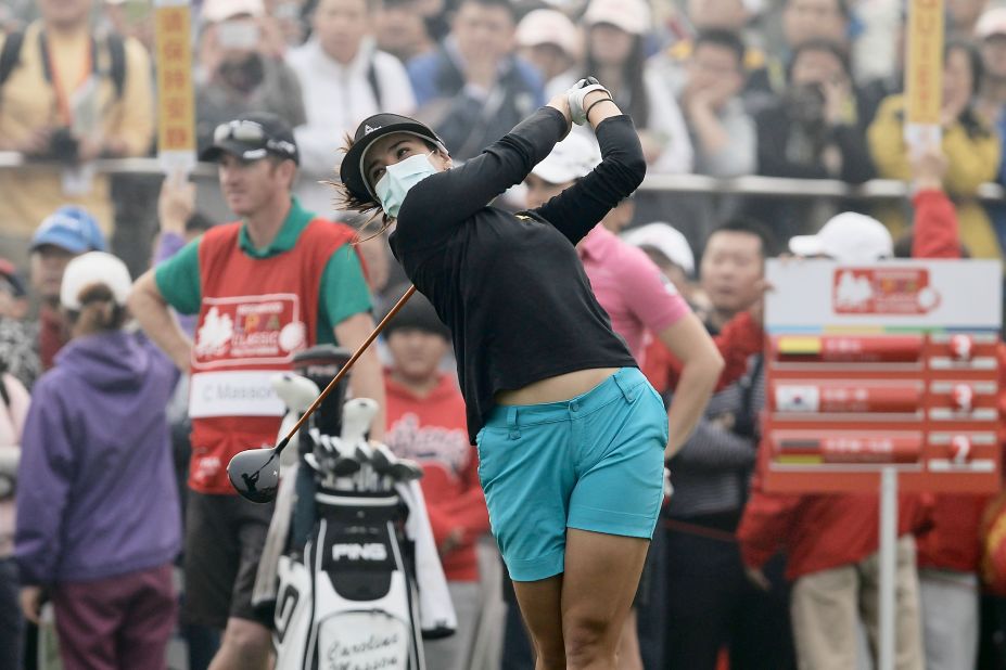 Mariajo Uribe of Colombia was another to take to the fairways wearing a mask during the final round of play of China's first LPGA event.