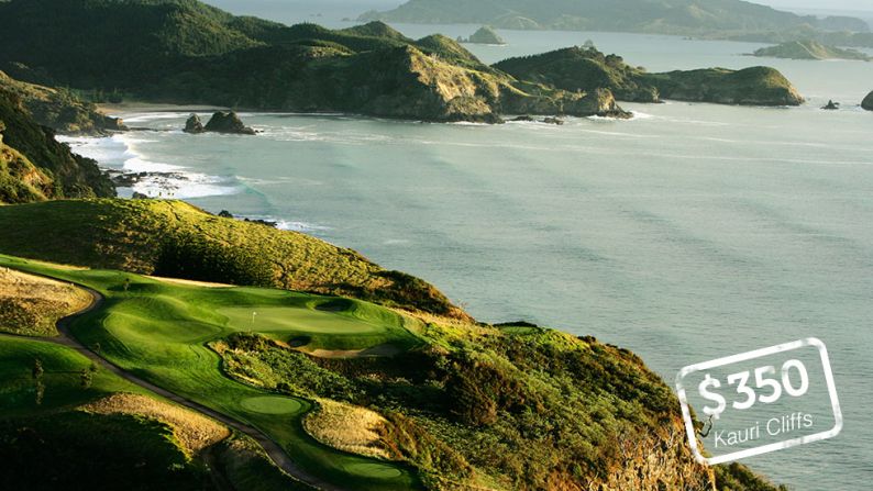 <strong>Kauri Cliffs, Matauri Bay, New Zealand</strong>: Perched on the cliffs above the crystal clear waters of Matauri Bay, Kauri Cliffs is one of the most picturesque golf courses in the world. Six of the holes on the 7,119-yard, par 72 championship course run directly along the Pacific Ocean coast. The David Harman-designed links was <a href="index.php?page=&url=http%3A%2F%2Fwww.golfdigest.com%2Fgolf-courses%2F2012-05%2F100-best-golf-courses-outside-us" target="_blank" target="_blank">ranked 19th </a>in Golf Digest's "100 best courses outside the U.S." in 2012. Green fees for<a href="index.php?page=&url=http%3A%2F%2Fwww.kauricliffs.com%2Fkauri-cliffs-luxury-lodges-new-zealand-five-star-luxury-lodge-and-golf-club%2Fgreen-fees_idl%3D2_idt%3D3231_id%3D19302_.html" target="_blank" target="_blank"> international visitors</a> peak at $NZD 425 ($350).