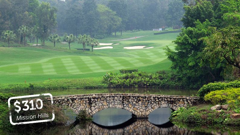 <strong>Mission Hills Golf Club, Shenzhen, China</strong>: Mission Hills' massive golf complex boasts 12 courses with more planned. $HKD 10 billion ($1.3 billion) has been ploughed into the 20-square kilometer plot since it opened in 1994. A round at the Jack Nicklaus-designed<a href="index.php?page=&url=http%3A%2F%2Fwww.missionhillschina.com%2Fen-US%2Fshenzhen%2Fgolf%2Fgolf_courses%2Fworld_cup_course" target="_blank" target="_blank"> World Cup Course </a>will cost a cool 1920 Chinese Yuan ($310). <br />