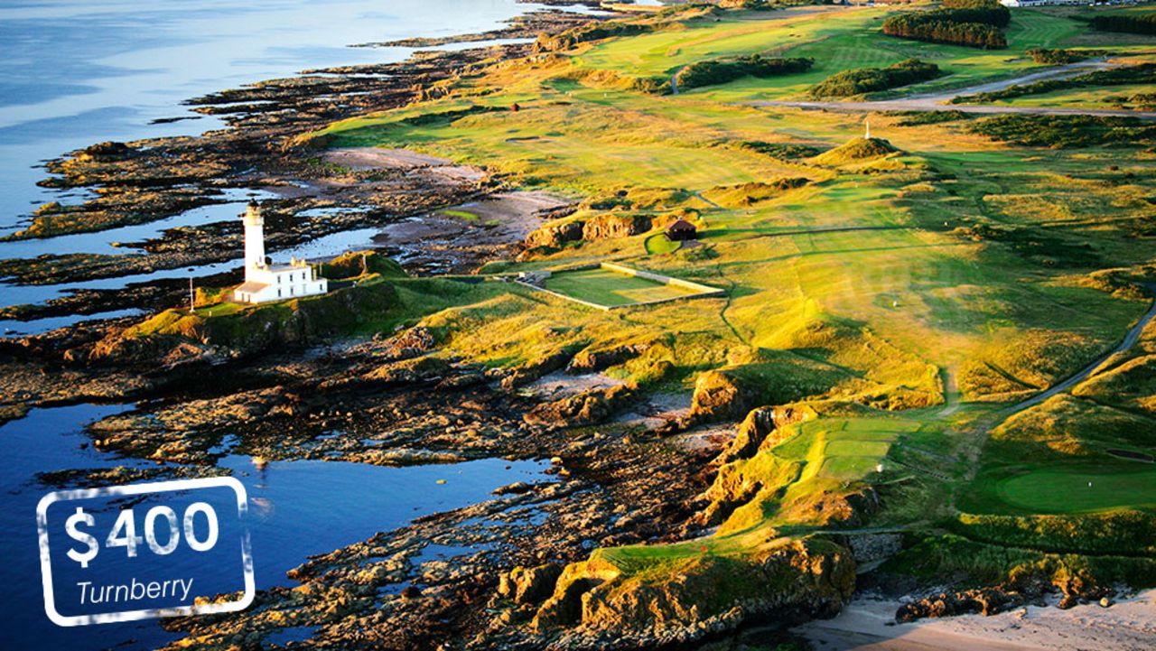 <strong>Turnberry, Ayrshire, Scotland</strong>: A jewel in the crown of the home of golf. Turnberry's<a href="http://www.turnberryresort.co.uk/ailsa" target="_blank" target="_blank"> Ailsa course</a> is one of the <a href="http://here.com/55.3218365,-4.8297926,15,0,0,hybrid.day" target="_blank" target="_blank">world's great courses </a>and famously played host to the "Duel in the Sun" between Tom Watson and Jack Nicklaus at the 1977 British Open. Visitors wanting to play golf in the summer of 2014 will have to pay <a href="http://www.turnberryresort.co.uk/golf-green-fees" target="_blank" target="_blank">£250</a> ($400)     <br />