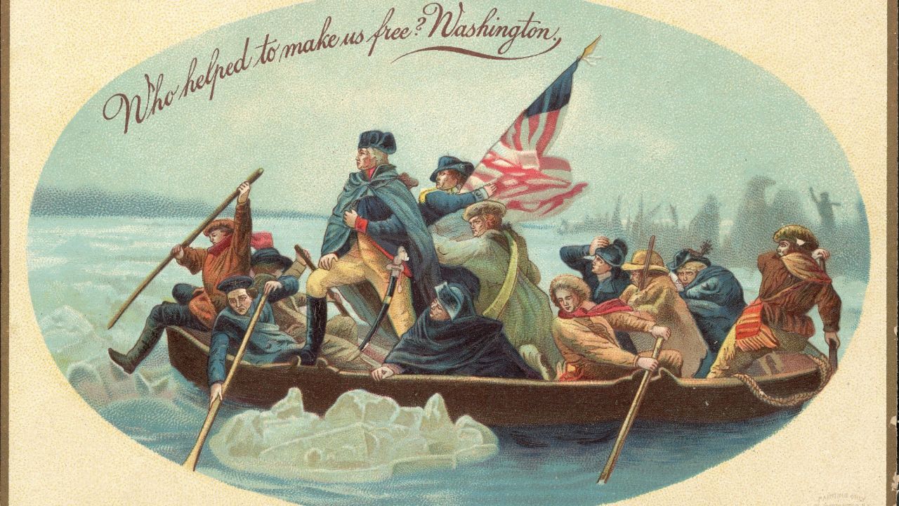 The iconic image of George Washington crossing the Delaware River in 1776, based on a painting by Emanuel Leutze. 