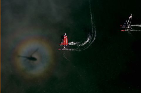 Shaw flew in an open-door helicopter 400 meters above the waves to take his stunning images. "The picture of the light reflecting against the fog created that rainbow halo. That was somewhat of a lucky picture and it's nice to get lucky like that some times," he said.