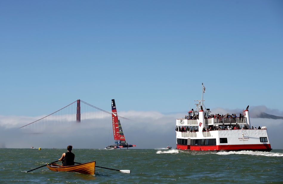 Shaw added: "This is one of my favorite images. Living in San Francisco, I always see the red and white ferry boat in the Bay when I come into the city and I like how the New Zealand boat is framed between the ferry, rowboat, and the foggy Golden Gate Bridge."