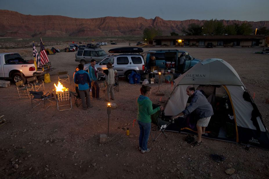 River runners make camp in a dirt parking lot in Marble Canyon, Arizona, after being unable to access the Colorado River at Lee's Ferry on Saturday, October 5.