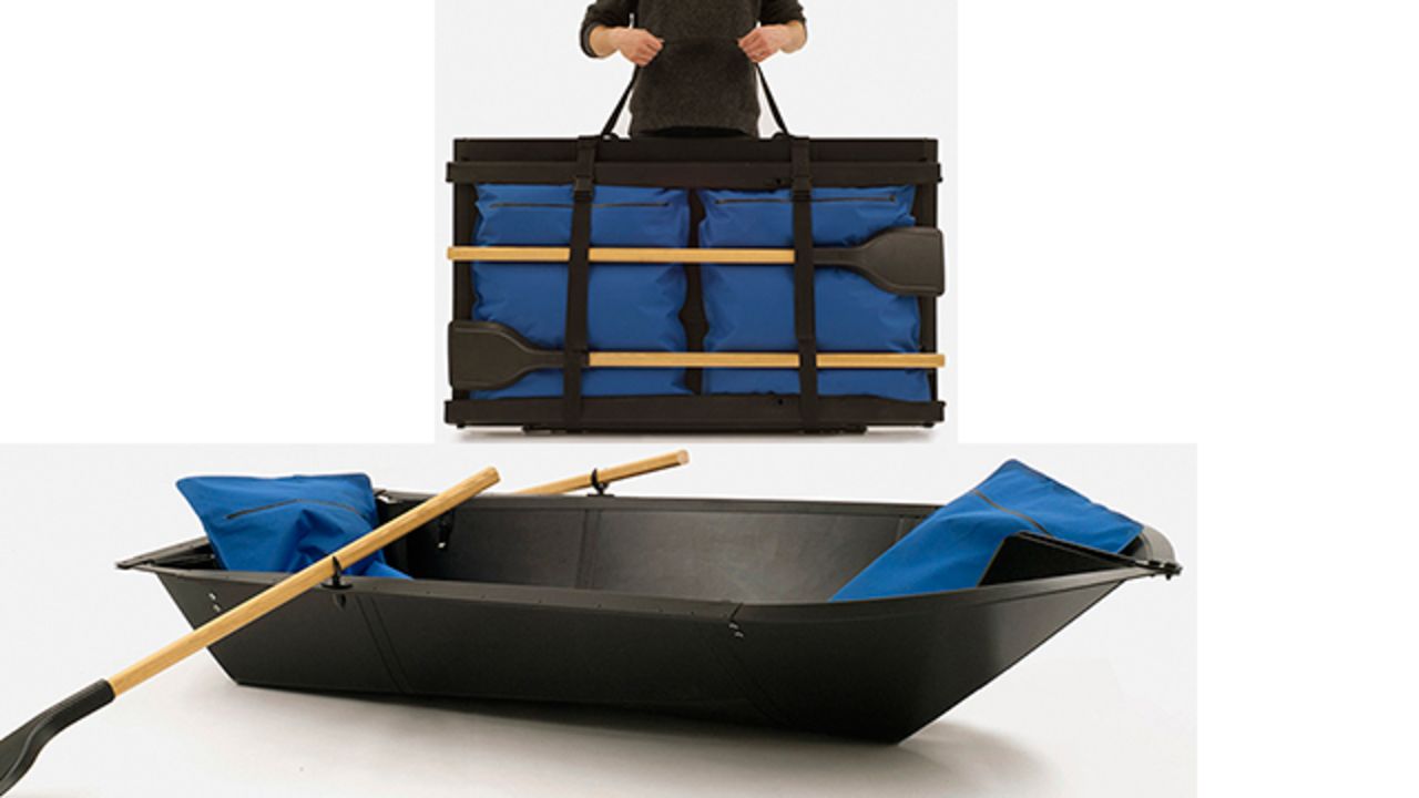 Love water travel but can't store a boat? Say hello to the flat-pack boat. Invented by lovers of London's canals, Arno Mathies and Max Frommeld, the boat is made from one sheet of plastic that folds up with its cushions and oars into a portable parcel you can throw in your trunk.