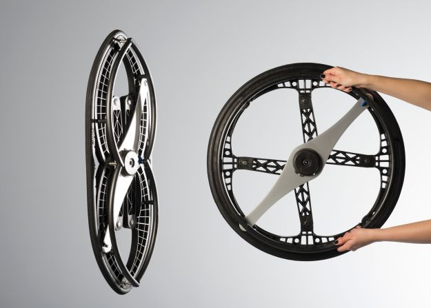 Winner of the Design Museum London's Design of the Year 2013 transport category, the folding wheel was developed by British construction collective Vitamins. The wheels, which are to be used predominantly for wheelchairs, fold in such a way that they can easily be stored in the overhead locker on an airplane or in the trunk of a small car.