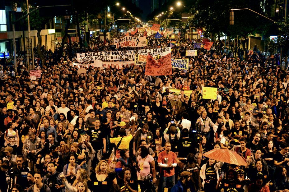Thousands of people took part in a protest in Rio on October 7, 2013, when Brazilian teachers demanded better working conditions and others demonstrated against alleged police brutality. 