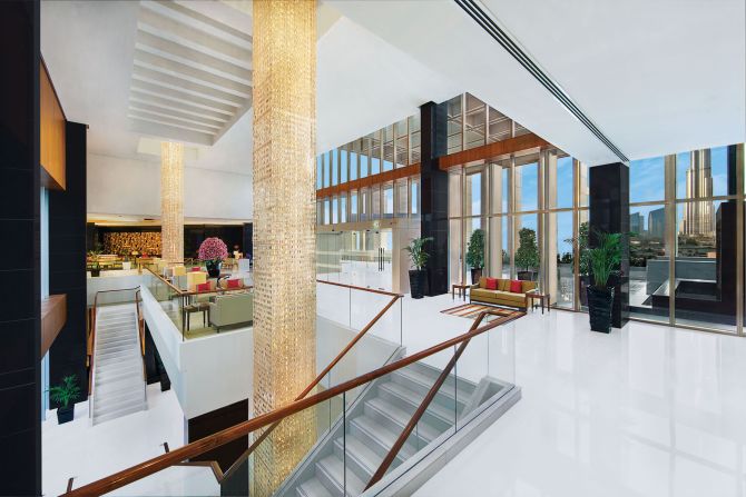 The lobby of this 252-room tower overlooks the Burj Khalifa, currently the world's tallest building.