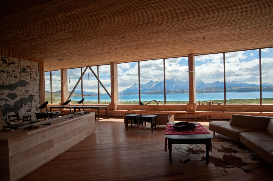 This hotel lobby has panoramic views of Torres del Paine Park and Lake Sarmiento. 