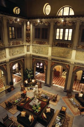 This hotel lobby features a series of fine bas-reliefs depicting mythological and classical scenes, created by Flemish artist Jan van der Straet beginning in 1555.