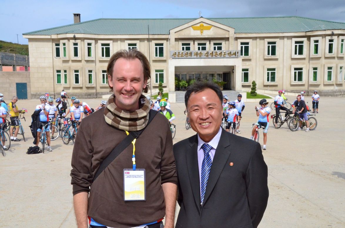 Journalist Johan Nylander and his North Korean guide, Ko Chang Ho. <em>EDITOR'S NOTE: This image was not among those deleted by North Korean officials. </em>