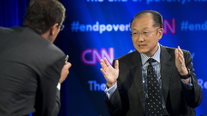 World Bank President Jim Yong Kim discusses plans to fight poverty during a seminar discussion with CNN's Richard Quest (L) at World Bank Headquarters during the annual World Bank - International Monetary Fund (IMF) meetings in Washington, DC, October 9, 2013. AFP PHOTO / Saul LOEBSAUL LOEB/AFP/Getty Images