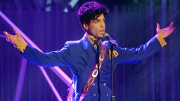Grammy and Oscar-winning recording artist Prince performs the song 'Purple Rain' at the 46th Annual Grammy Awards held at the Staples Center on February 8, 2004 in Los Angeles, California. 